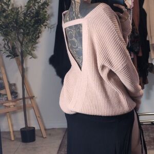 Open-Back Ribbed Off-the-Shoulder Sweater - Blush Pink